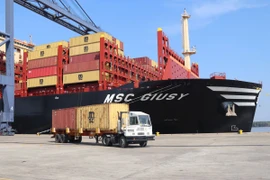 Tàu MSC Giusy có trọng tải hơn 170.000 DWT, mớn nước 16 mét làm hàng tại Cảng quốc tế SP-SSA sáng 11/4/2024. (Ảnh: Huỳnh Sơn/TTXVN)