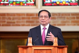 Thủ tướng Phạm Minh Chính phát biểu về chính sách của Việt Nam tại Đại học Victoria. (Ảnh: Dương Giang/TTXVN)