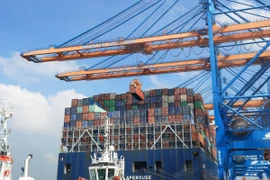 Bốc dỡ container lên tàu trọng tải 200.000DWT tại cảng quốc tế Gemalink, thị xã Phú Mỹ, tỉnh Bà Rịa-Vũng Tàu. (Ảnh: Hồng Đạt/TTXVN)