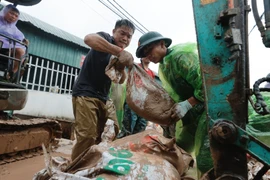 Quân và dân đồng sức, đồng lòng ngăn lũ tràn qua đê. (Ảnh: Minh Quyết/TTXVN)