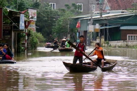 Người dân xã Cẩm Duệ dùng thuyền để đi lại sinh hoạt. (Ảnh Công Tường/TTXVN)