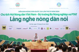 Diễn đàn Nông dân Quốc gia lần thứ IX có chủ đề: "Chủ tịch Hội Nông dân Việt Nam-Bộ trưởng Bộ Nông nghiệp và Phát triển nông thôn lắng nghe nông dân nói". (Ảnh: CTV/Vietnam+)