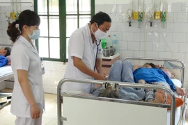 Các bác sỹ Bệnh viện đa khoa tỉnh Nam Định thăm, khám các bệnh nhân bị mắc sốt xuất huyết. (Ảnh Công Luật/TTXVN)