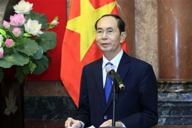 Chủ tịch nước Trần Đại Quang phát biểu tại buổi gặp mặt Đoàn đại biểu cán bộ, chiến sỹ Cảnh sát biển đồng hành cùng ngư dân. (Ảnh: Nhan Sáng/TTXVN) 