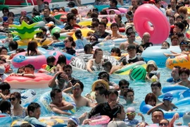 Người dân tránh nắng nóng tại bể bơi trong công viên ở thủ đô Tokyo, Nhật Bản ngày 16/7 vừa qua. (Ảnh: EPA/TTXVN)