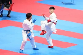 Võ sỹ Nguyễn Văn Hải (đai đỏ) thất bại trước đối thủ Uzbekistan (đai xanh) trong trận tranh huy chương đồng hạng cân 60kg nam. (Ảnh: Hoàng Linh/Vietnam+)