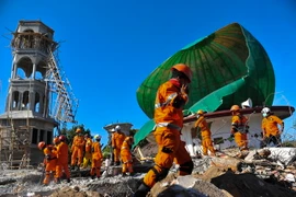 Lực lượng cứu hộ tìm kiếm nạn nhân sau trận động đất ở đảo Lombok của Indonesia ngày 7/8. (Ảnh: THX/TTXVN)
