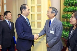 Chủ tịch nước Trần Đại Quang tiếp Đoàn đại biểu Ủy ban Kinh tế Nhật-Việt thuộc KEIDANREN, do ông Kuniharu Nakamura, Chủ tịch Ủy ban kiêm Chủ tịch Tập đoàn Sumitomo làm Trưởng đoàn, sang thăm và làm việc tại Việt Nam. (Ảnh: Nhan Sáng/TTXVN)