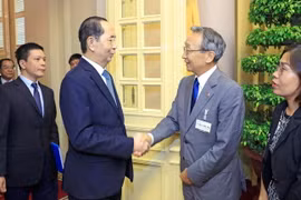 Chủ tịch nước Trần Đại Quang tiếp Đoàn đại biểu Ủy ban Kinh tế Nhật-Việt thuộc KEIDANREN, do ông Kuniharu Nakamura, Chủ tịch Ủy ban kiêm Chủ tịch Tập đoàn Sumitomo làm Trưởng đoàn, sang thăm và làm việc tại Việt Nam. (Ảnh: Nhan Sáng/TTXVN)