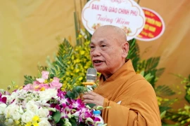 Chủ tịch Hội đồng Trị sự Trung ương Giáo hội Phật giáo Việt Nam Hòa Thượng Thích Thiện Nhơn phát biểu tại Đại lễ. (Ảnh: Nguyễn Dân/TTXVN)