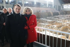 Tổng thống Pháp Emmanuel Macron (trái) và phu nhân Brigitte Macron (phải) trong chuyến thăm thành phố Tây An, Trung Quốc ngày 8/1. (Ảnh: AFP/TTXVN)