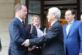 Tổng Bí thư Nguyễn Phú Trọng hội kiến với Thủ tướng Liên bang Nga Dmitry Medvedev. (Ảnh: Trí Dũng/TTXVN)