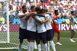 Pha ăn mừng bàn thắng của các cầu thủ đội tuyển Anh trong trận đấu gặp Panama ở ở lượt trận thứ hai bảng G vòng chung kết World Cup 2018 diễn ra ở Nizhny Novgorod, Nga ngày 24/6. (Ảnh: THX/TTXVN)