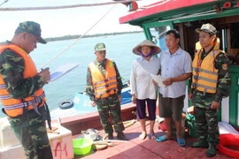 Lực lượng chức năng kiểm tra tàu vi phạm. (Ảnh: TTXVN phát)