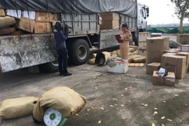 Số thịt động vật bốc mùi hôi thối được đựng trong các bao tải. (Ảnh: TTXVN phát)