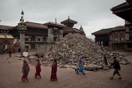 Khu đền thuộc một địa điểm Di sản Thế giới ở Bhaktapur, ngoại ô thủ đô Kathmandu, Nepal bị phá hủy trong trận động đất ngày 30/4. (Nguồn: AFP/TTXVN)