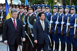 Tổng thống Ukraine Petro Poroshenko và Thủ tướng Nhật Bản Shinzo Abe duyệt đội danh dự tại Kiev ngày 6/6. (Nguồn: AFP/ TTXVN)