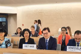Đại sứ Dương Chí Dũng (người thứ 3 từ trái sang) và đoàn đại biểu Việt Nam tham dự phiên thảo luận về Quyền phụ nữ và biến đổi khí hậu: hành động về khí hậu, thực tiễn và bài học tốt. (Ảnh: TTXVN phát)