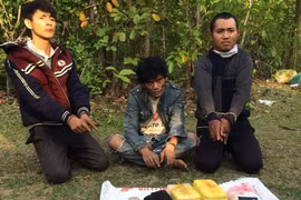 Ba đối tượng cùng tang vật bị lực lượng chức năng bắt giữ. (Ảnh: Đức Thọ/TTXVN)