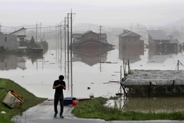 Cảnh ngập lụt do mưa lớn tại Kurashiki, tỉnh Okayama, miền tây Nhật Bản ngày 8/7. (Ảnh: EPA/TTXVN)