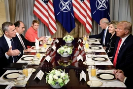 Tổng thống Mỹ Donald Trump (phải) và Tổng thư ký NATO Jens Stoltenberg trong cuộc gặp trước thềm hội nghị thượng đỉnh NATO ở Brussels, Bỉ ngày 11/7. (Ảnh: AFP/TTXVN)