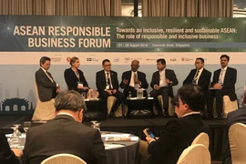 Các đại biểu thảo luận tại Diễn đàn Kinh doanh có trách nhiệm ASEAN 2018 diễn ra trong hai ngày 27-28/8 tại Singapore. (Ảnh: Mỹ Bình/Vietnam+)