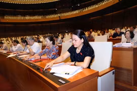 Đại biểu Quốc hội tỉnh Bắc Giang biểu quyết thông qua Nghị quyết về Chương trình xây dựng luật, pháp lệnh năm 2019, điều chỉnh Chương trình xây dựng luật, pháp lệnh năm 2018. (Ảnh: Phương Hoa/TTXVN)