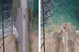 Hàng rào trước (ảnh phải) và sau khi được xây dựng. (Nguồn: Bộ Quốc phòng Israel)