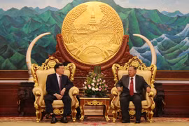 Tổng Bí thư, Chủ tịch nước Lào, Bounnhang Vorachith tiếp ông Nguyễn Hòa Bình. (Ảnh: Phạm Kiên/TTXVN)