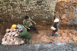 Chiều 16/8, các lực lượng chức năng huyện Chương Mỹ (Hà Nội) đang khẩn trương gia cố điểm xung yếu mới phát sinh tại chân đê Hữu Bùi, đoạn Yên Trình-Nhân Lý, xã Hoàng Văn Thụ. (Ảnh: Minh Nghĩa/TTXVN)