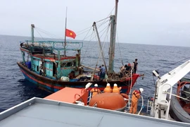 Tàu cá NA 90909 cùng 8 thuyền viên được đưa vào cảng Cửa Lò an toàn. (Ảnh: Tá Chuyên/TTXVN)