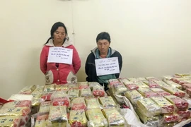 Các đối tượng cùng tang vật bị bắt giữ. (Ảnh: Xuân Tư/TTXVN)