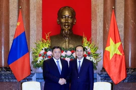Chủ tịch nước Trần Đại Quang tiếp Chủ tịch Quốc hội Mông Cổ Miyegombo Enkhbold đang thăm chính thức Việt Nam. (Ảnh: Nhan Sáng/TTXVN)