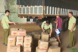 Lực lượng chức năng kiểm đếm hàng hóa không rõ nguồn gốc xuất xứ trên xe tải vừa bị bắt. (Ảnh: Anh Dũng/TTXVN)