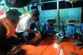 Lực lượng Cảnh sát biển đang kiểm tra đồng hồ bơm và sang chiết dầu. (Ảnh minh họa: Phúc Sơn/TTXVN)