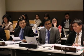 Đại sứ Ngoại giao Đặng Đình Quý (đầu tiên từ trái sang), Trưởng phái đoàn Đại diện Việt Nam tại Liên hợp quốc dẫn đầu đoàn Việt Nam cùng các biểu ASEAN tham dự Hội nghị. (Ảnh: Hoài Thanh/TTXVN)