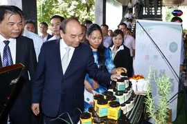 Thủ tướng Nguyễn Xuân Phúc và các đại biểu tham quan các gian hàng trưng bày sản phẩm tại triển lãm. (Ảnh: Thống Nhất/TTXVN)