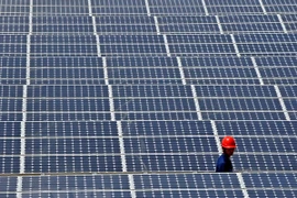 Nhân viên kiểm tra tại trạm năng lượng pin Mặt Trời ở Trung Quốc. (Nguồn: THX/TTXVN)