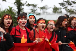 Hàng nghìn cổ động viên chờ đón U23 Việt Nam tại sân bay Nội Bài sáng 28/1. (Ảnh: Minh Sơn/Vietnam+) 