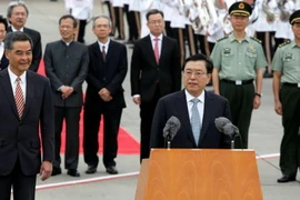 Ông Trương Đức Giang phát biểu tại Sân bay quốc tế Hong Kong./. Xuân Tuấn (Hong Kong)
