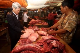 Nhân viên Thú y kiểm tra sản phẩm thịt lợn tại một hộ kinh doanh. (Ảnh: Vũ Sinh/TTXVN)