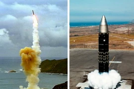 Tên lửa đạn đạo liên lục địa "Minuteman 3" (trái) không trang bị vũ khí rời bệ phóng trong một cuộc thử nghiệm. (Nguồn: AFP/ TTXVN)
