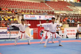 Các vận động viên thi đấu nội dung kata đồng đội nam. (Ảnh: Đức Phương/TTXVN)