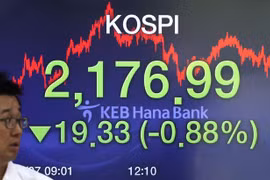 Tỉ giá chứng khoán tại ngân hàng Hana ở thủ đô Seoul, Hàn Quốc, ngày 7/5/2019. (Ảnh: Yonhap/TTXVN)