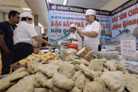 Gian giới thiệu sản phẩm thức ăn chế biến đến từ Hậu Giang. (Ảnh: Trần Việt/TTXVN)