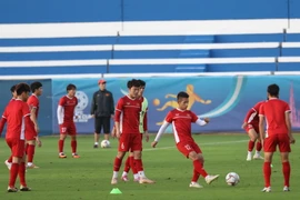 Đội tuyển Việt Nam đã có buổi tập làm quen đầu tiên tại sân Humaid Al Tayer (Dubai, UAE). (Ảnh: Hoàng Linh/TTXVN)