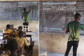 Akoto giảng cho các học trò của mình bằng cách vẽ lên bảng phấn. (Nguồn: Facebook)