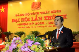 Ông Ngô Đông Hải, Ủy viên dự khuyết Trung ương Đảng, Bí thư Tỉnh ủy Thái Bình phát biểu tại Đại hội. (Ảnh: Thế Duyệt/TTXVN)
