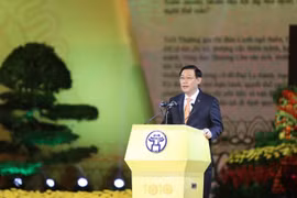 Bí thư Thành ủy Hà Nội Vương Đình Huệ phát biểu tại buổi lễ. (Ảnh: Danh Lam/TTXVN)