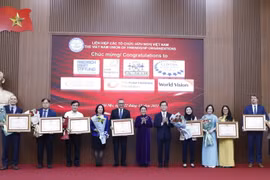 Đại sứ Nguyễn Phương Nga, Chủ tịch Liên hiệp các tổ chức hữu nghị Việt Nam và Thứ trưởng Bộ Ngoại giao Hà Kim Ngọc trao Bằng khen của Thủ tướng Chính phủ tặng các tổ chức phi Chính phủ nước ngoài. (Ảnh: An Đăng/TTXVN)